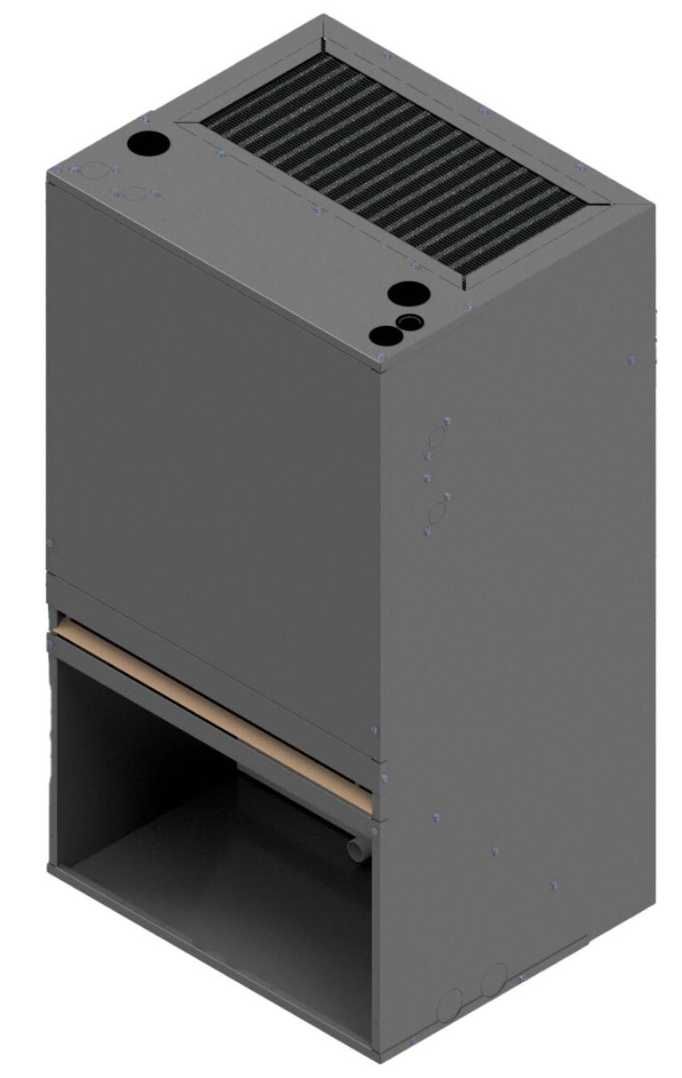 First Co. UCS Hydronic Heat Series wall-mount fan coil with compact cabinet, hydronic hot water heating coil, and split-system cooling compatibility.