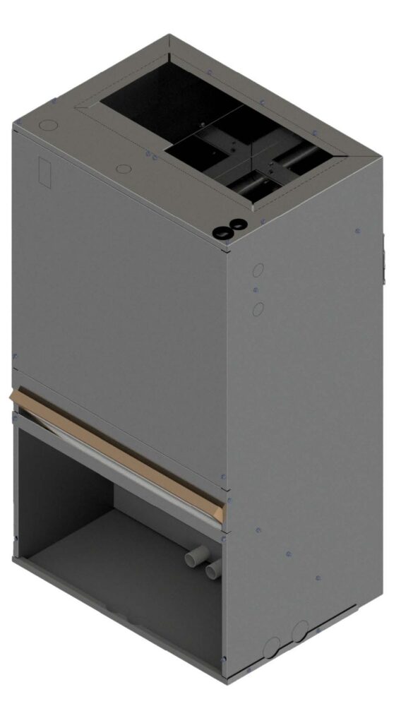 First Co. UCS Electric Heat Series wall-mount fan coil with compact cabinet, hydronic hot water heating coil, and split-system cooling compatibility.